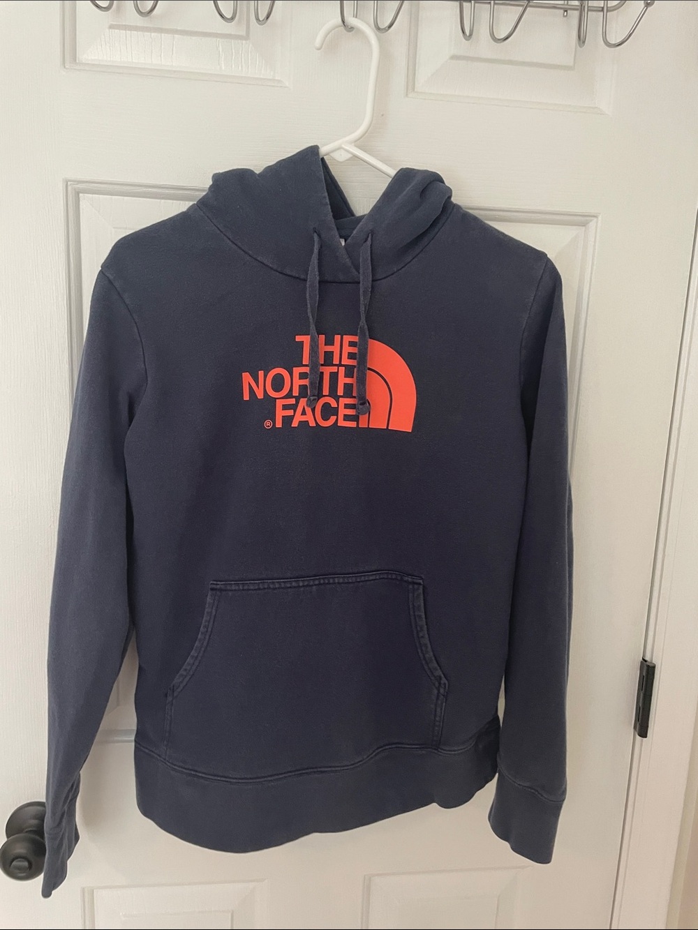 The North Face Men's Navy Crewneck Hoodie with Orange Logo